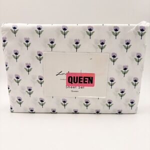 London Kaye Queen Sheet Set White Purple Tulip Floral Print Microfiber 4 Piece